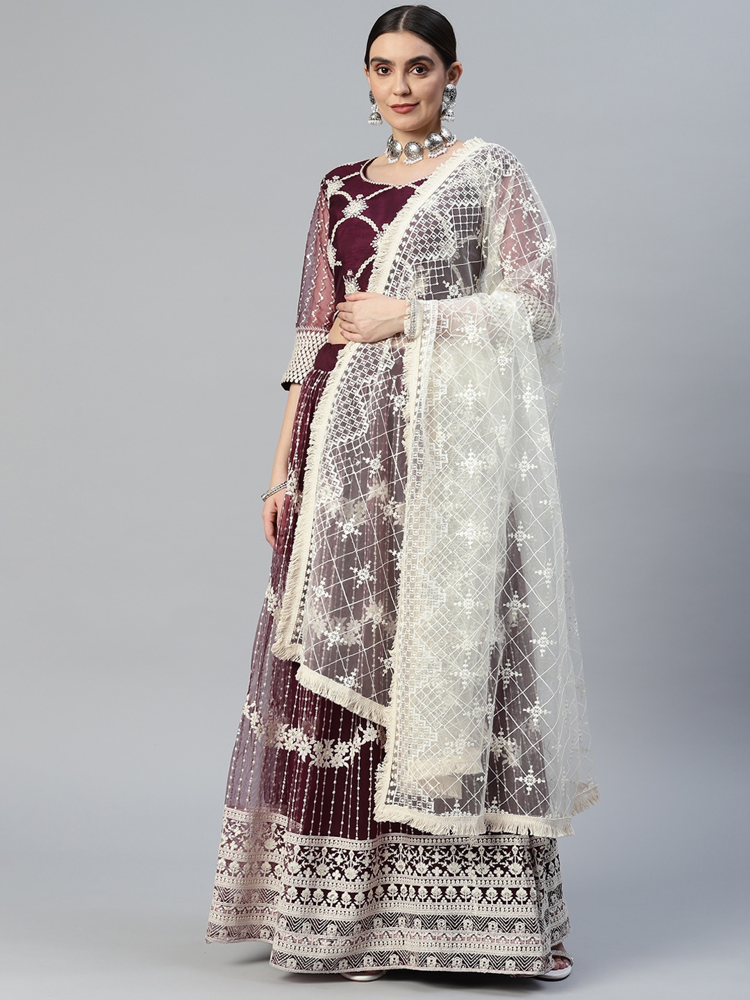 

SHUBHVASTRA Embroidered Semi-Stitched Lehenga & Unstitched Blouse With Dupatta, Maroon