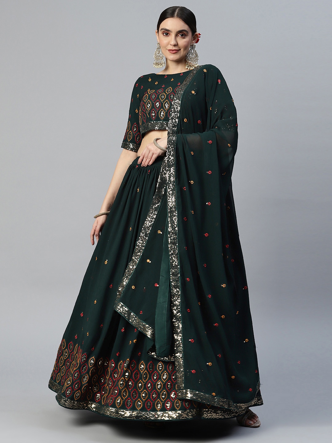 

SHUBHVASTRA Embellished Sequinned Semi-Stitched Lehenga & Unstitched Blouse With Dupatta, Green