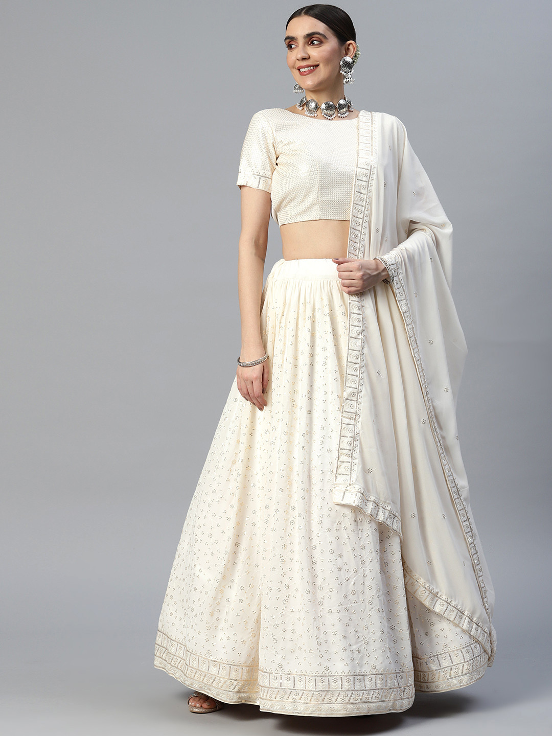 

SHUBHVASTRA Sequinned Semi-Stitched Lehenga & Unstitched Blouse With Dupatta, Off white