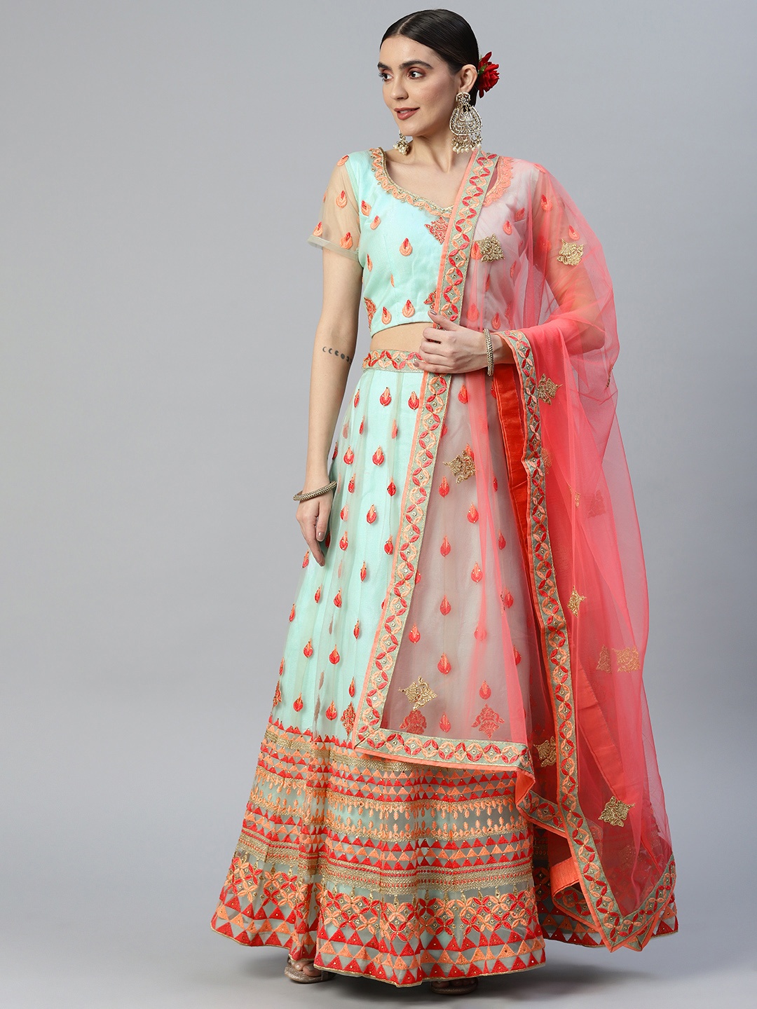 

SHUBHVASTRA Embroidered Semi-Stitched Lehenga & Unstitched Blouse With Dupatta, Turquoise blue