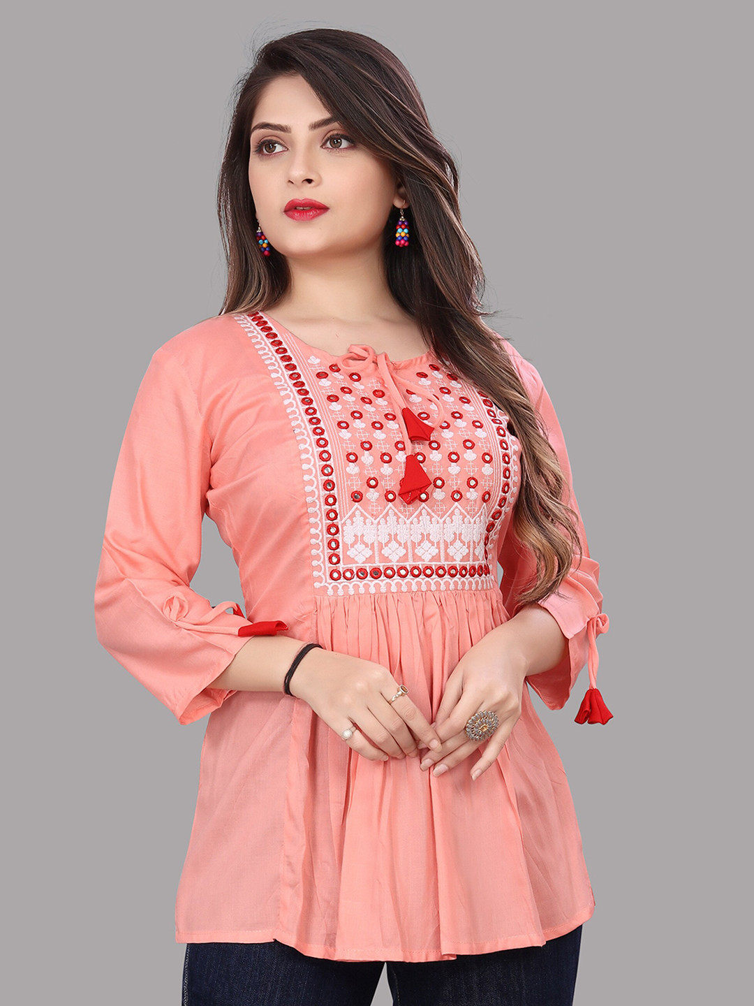 

Velmita Embroidered Tie-Up Neck Empire Tunic, Pink