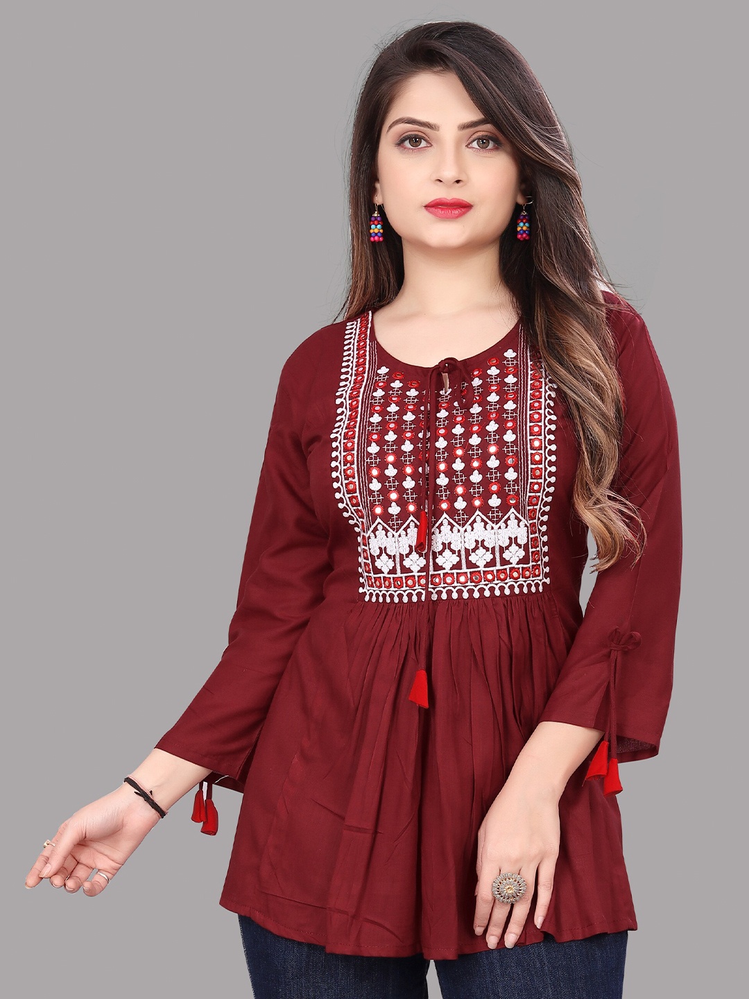 

Velmita Embroidered Tie-Up Neck Empire Top, Maroon