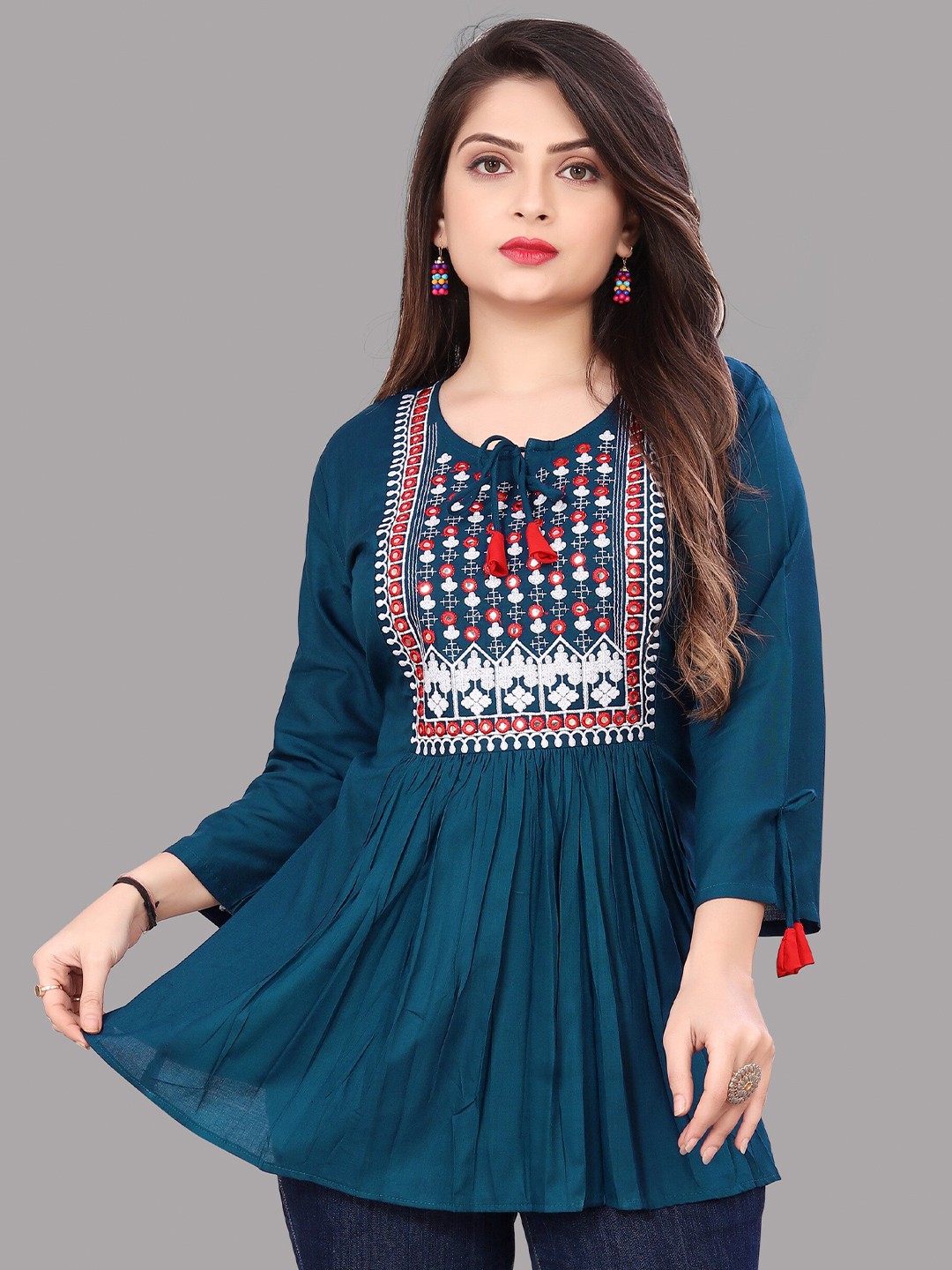 

Velmita Embroidered Tie-Up Neck Empire Top, Teal
