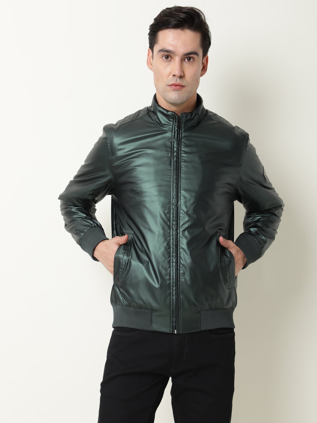 

RARE RABBIT Men Carpi Regular Fit Mock Collar Bomber Jacket, Green