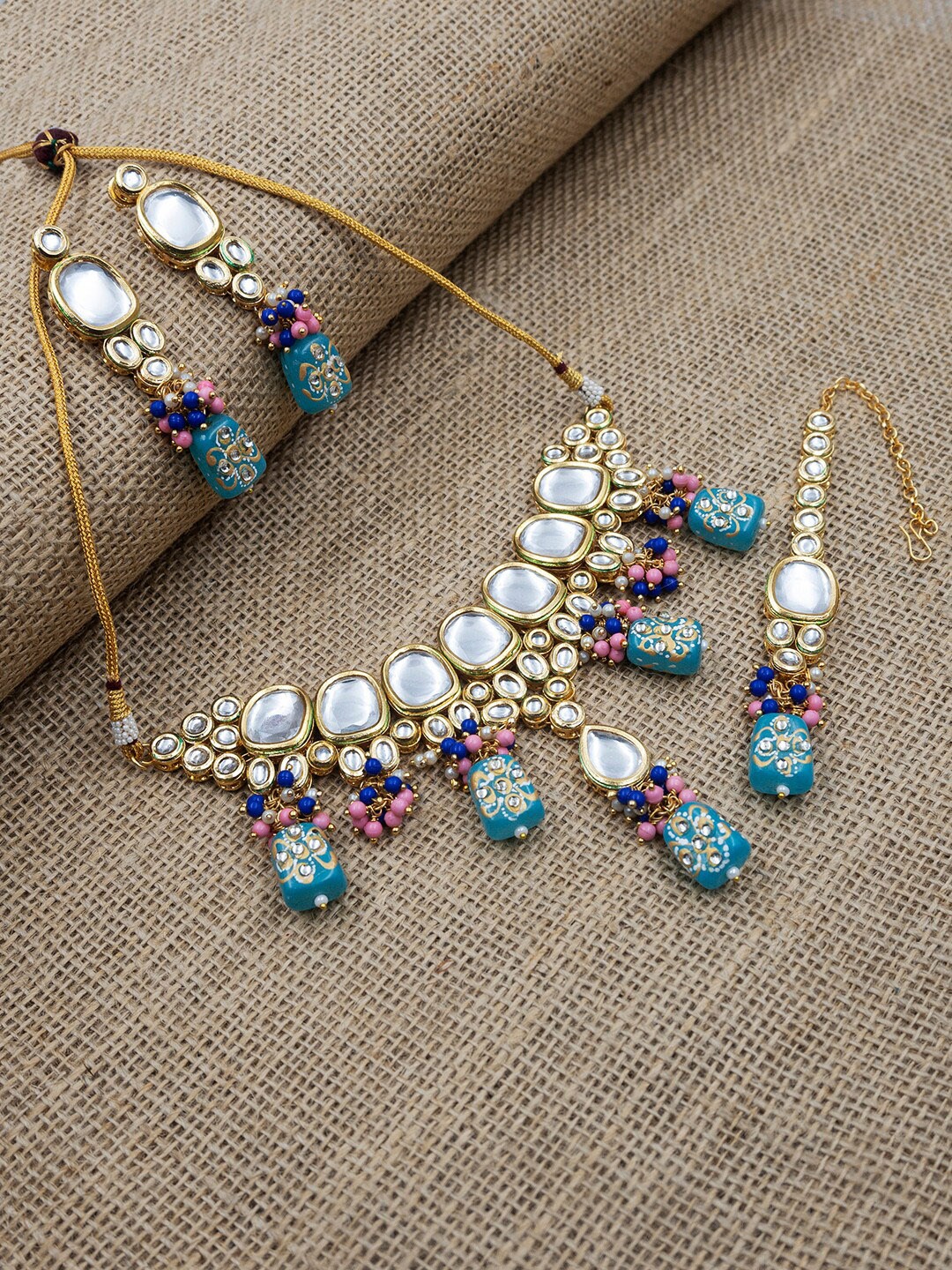 

StileAdda Gold-Plated Kundan Studded & Beaded Vilandi Jewellery Set, Blue