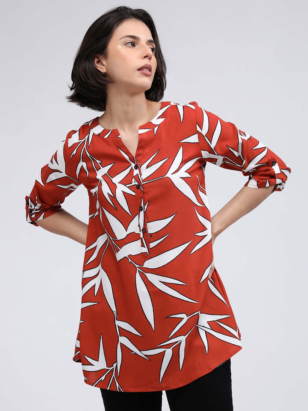 

IDK Rust Printed Mandarin Collar Roll-Up Sleeves Shirt Style Top