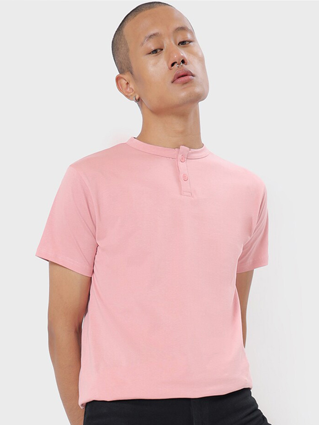 

Bewakoof Men Henley Neck Cotton T-shirt, Pink