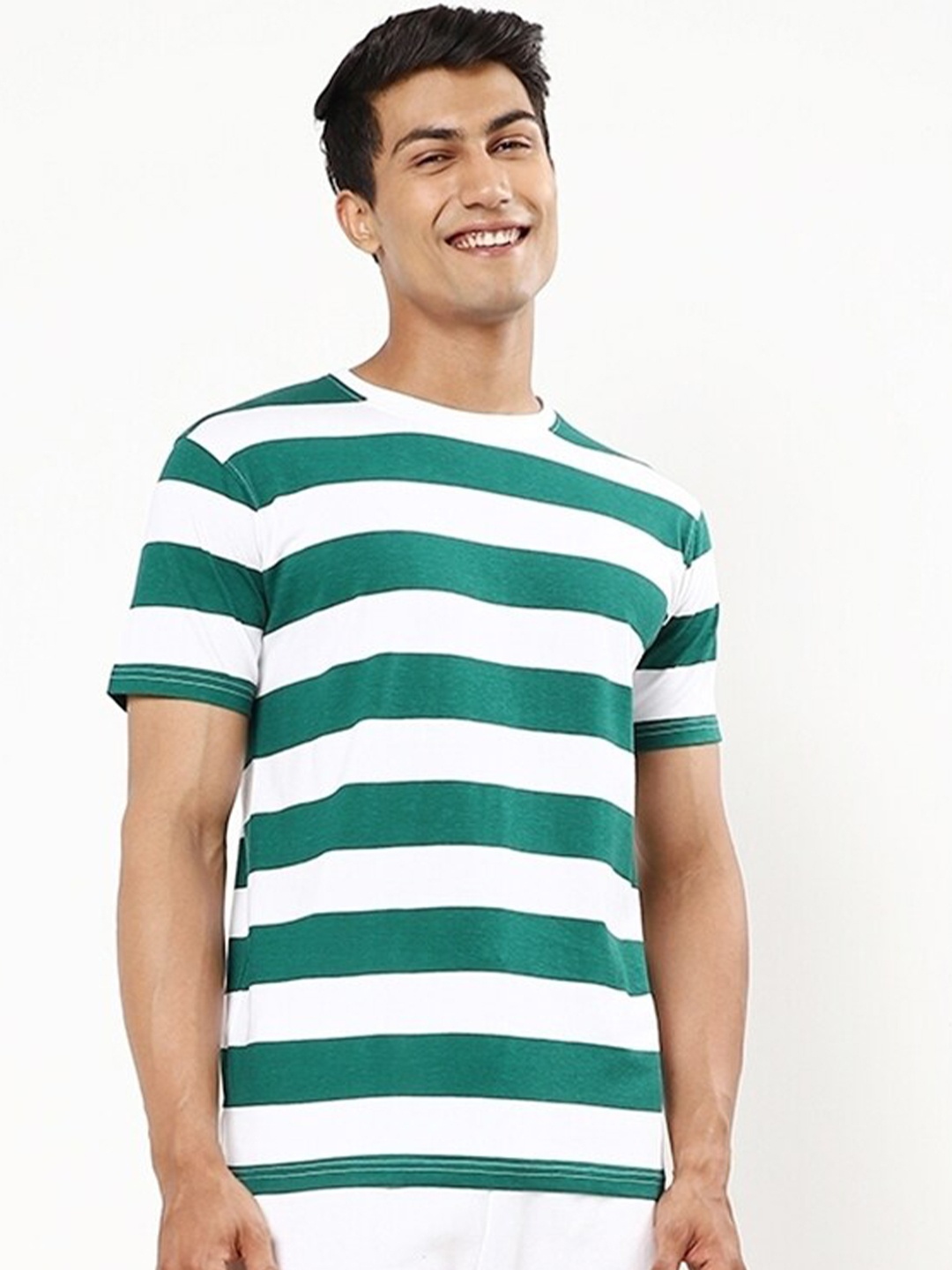 

Bewakoof Men Striped Short Sleeve Cotton T-shirt, White