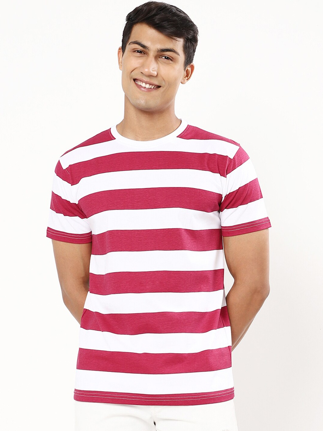 

Bewakoof Men Striped Cotton T-shirt, White