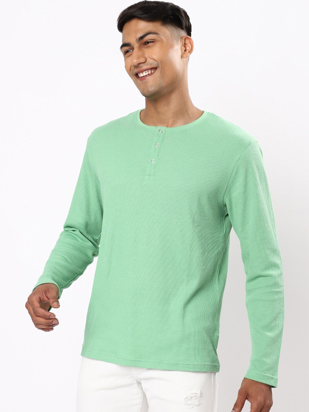 

Bewakoof Men Henley Neck Cotton T-shirt, Sea green