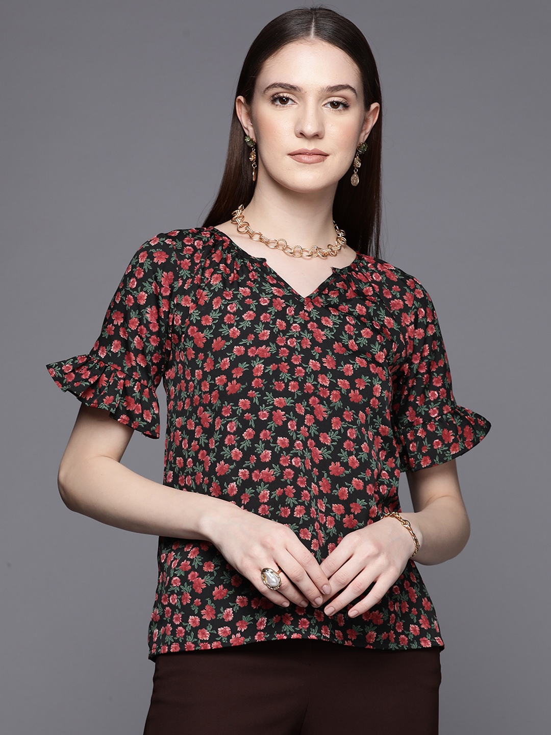 

PINKSKY Black & Coral Floral Print Ruffles Top