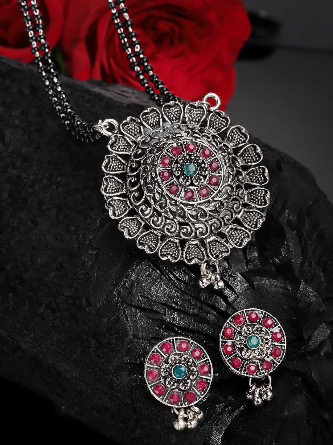 

PANASH Silver-Plated Stone Studded & Beaded Oxidised Mangalsutra With Earrings, Teal