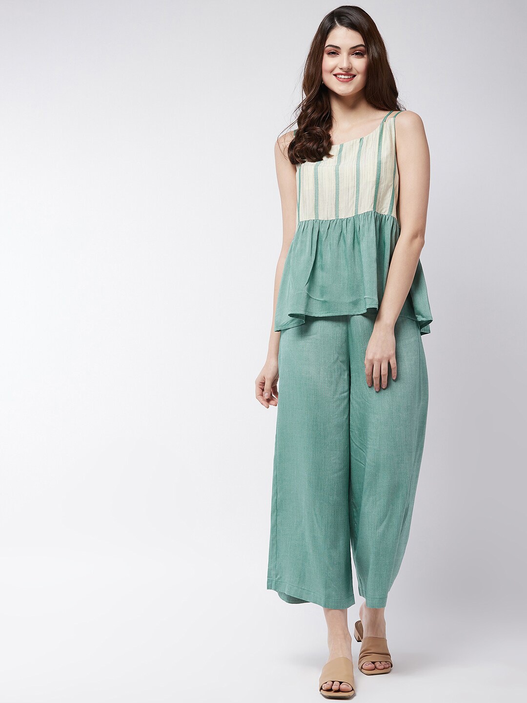 

Pannkh Green Striped Round Neck Top
