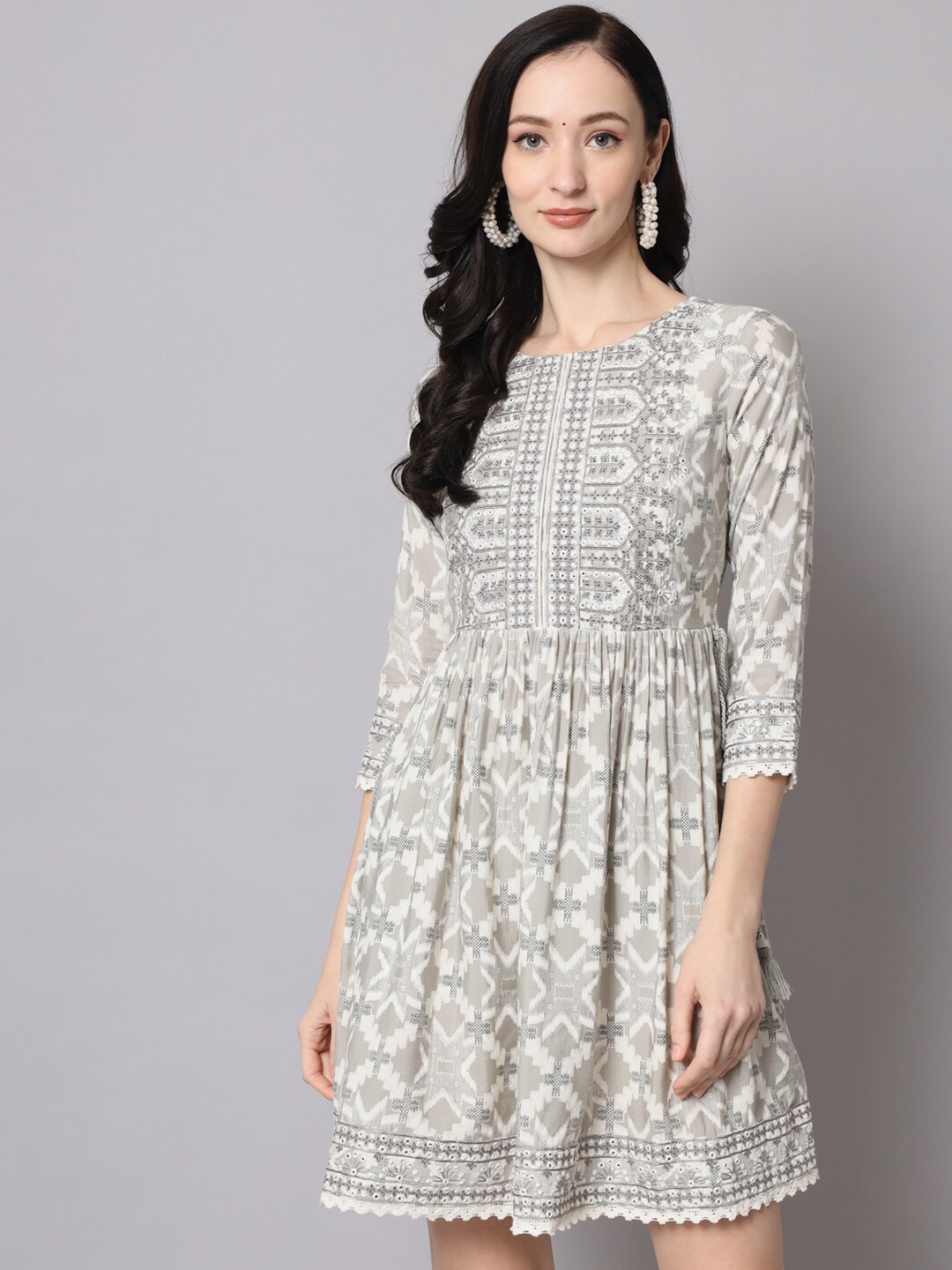 

Nehamta Round Neck Cotton A-Line Dress, Grey