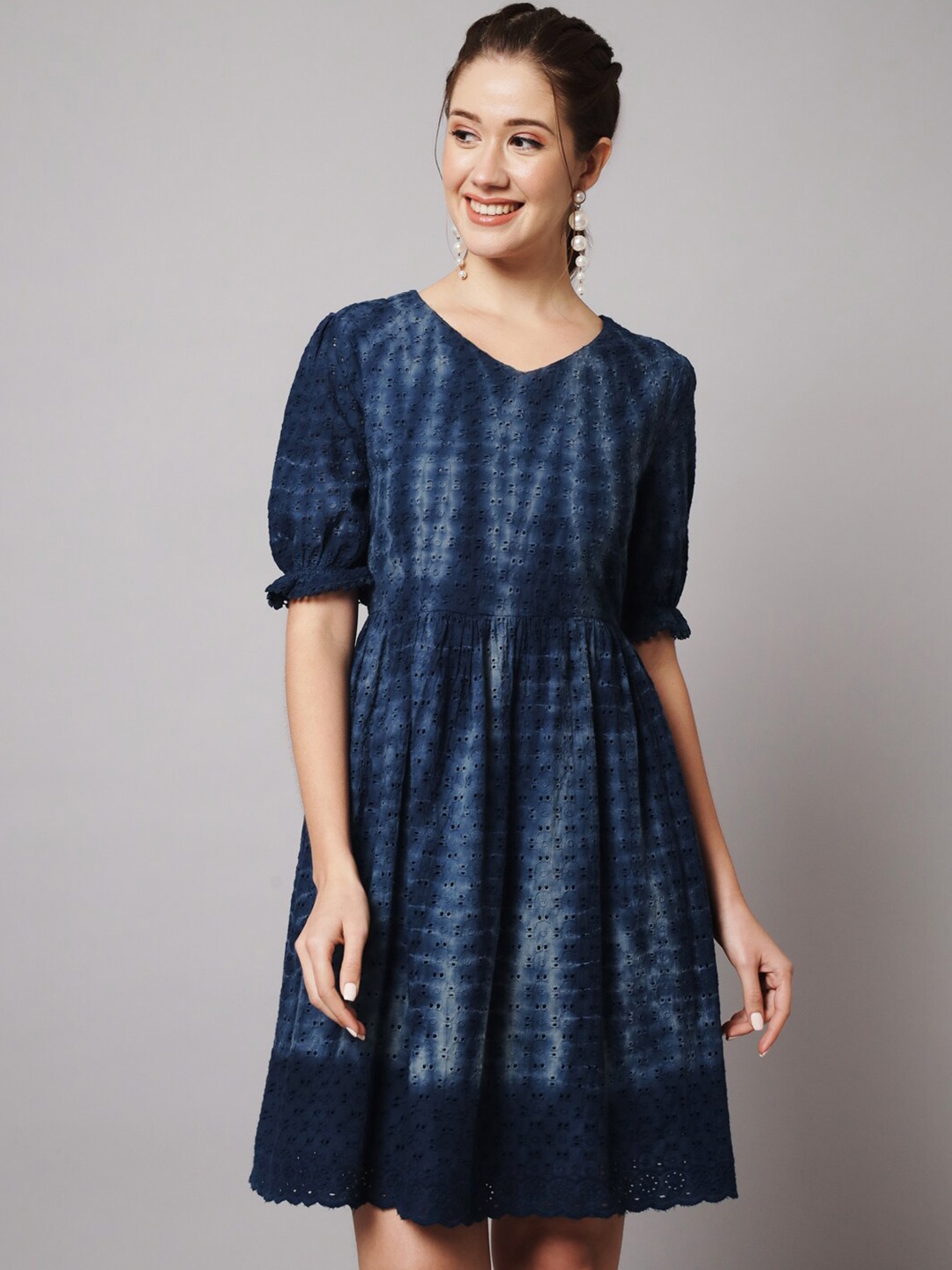

Nehamta Dyed Cotton Schiffli A-Line Dress, Navy blue