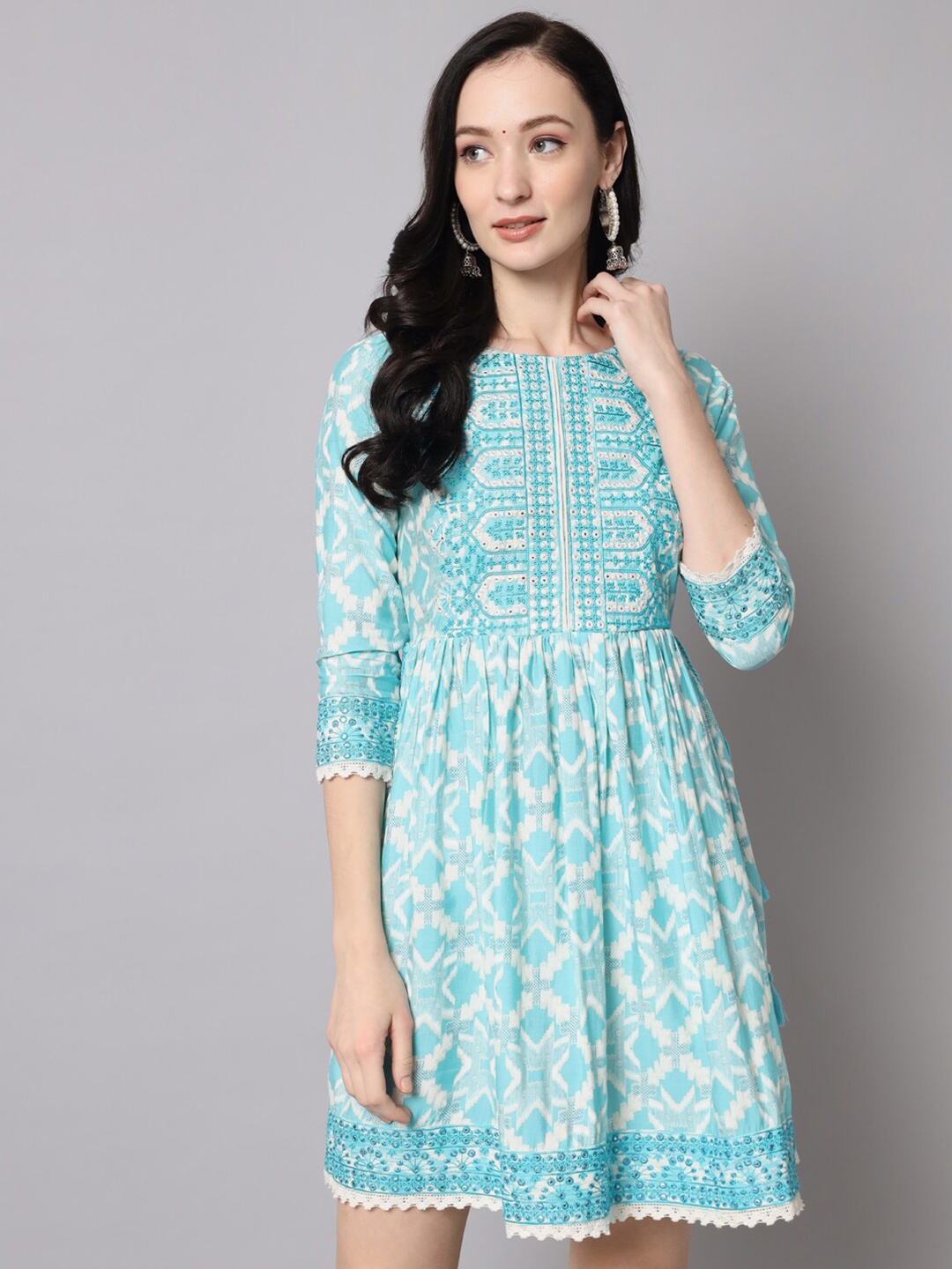 

Nehamta Round Neck Fit & Flare Cotton Dress, Turquoise blue