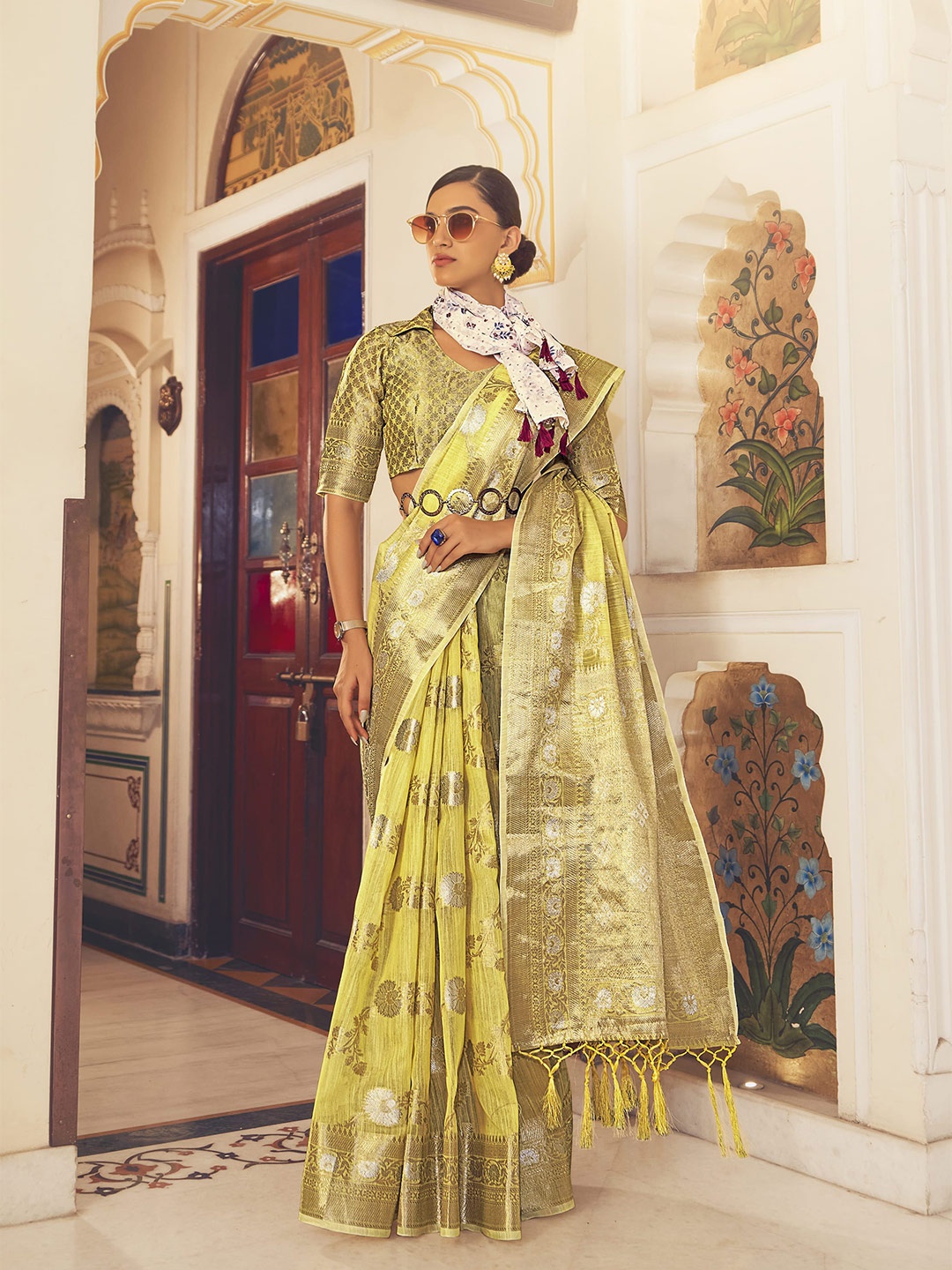 

elora Floral Woven Design Zari Pure Linen Saree, Yellow
