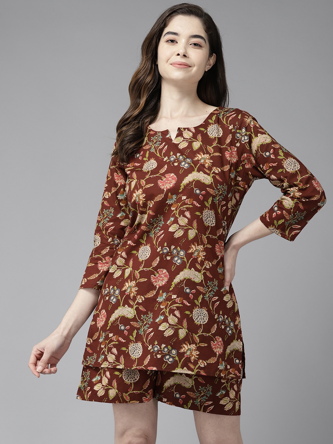 

Prakrti Women Maroon Printed Cotton Night suit