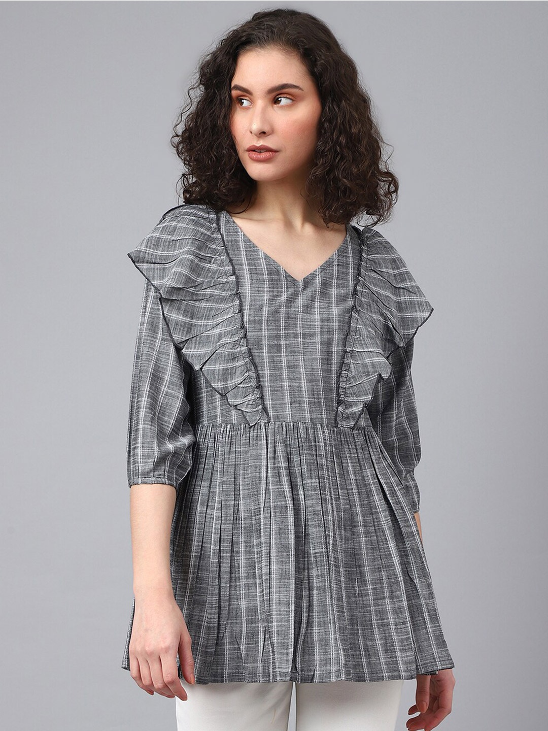 

DEEBACO Striped Ruffles Empire Top, Grey