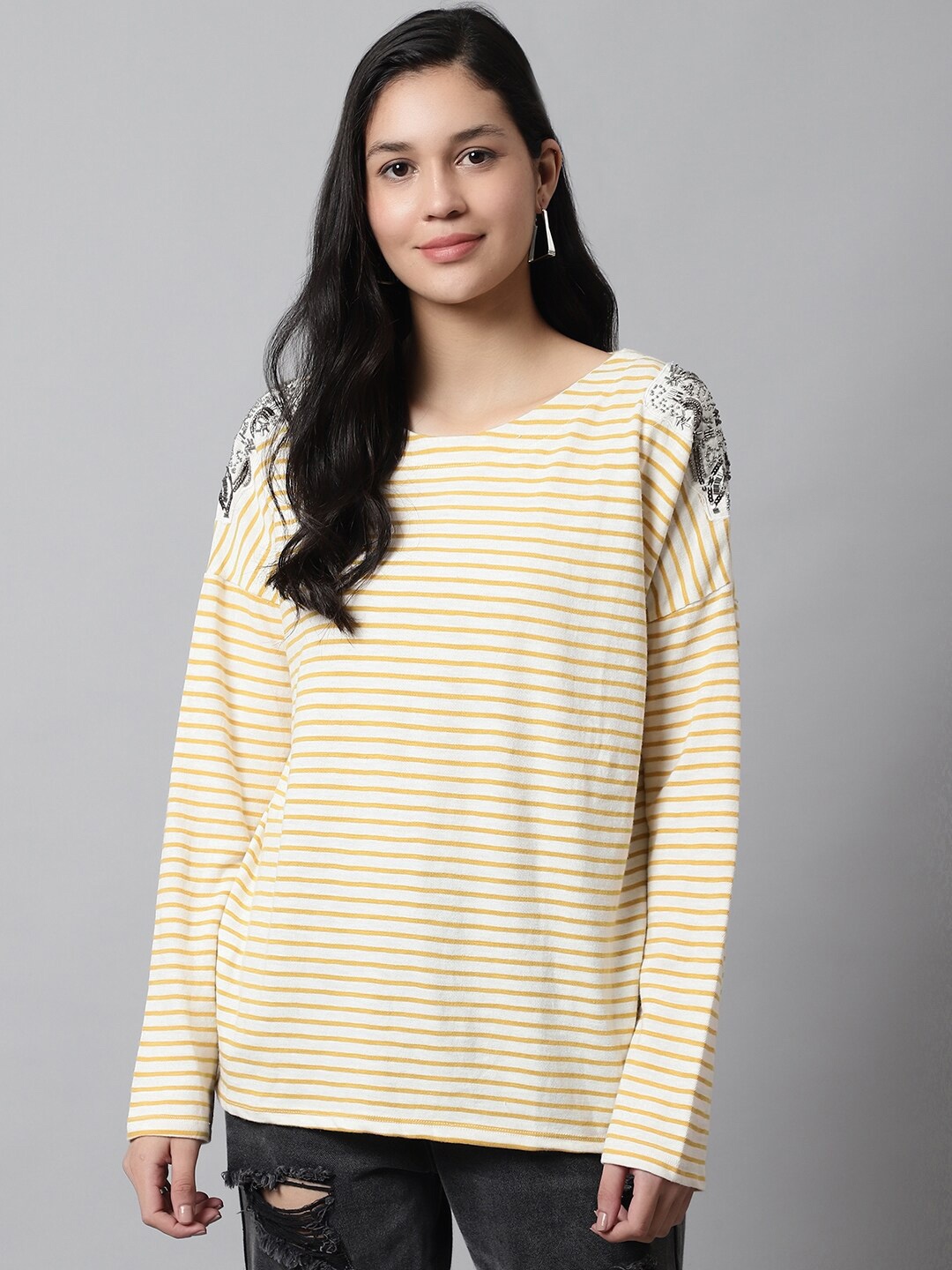 

NoBarr Striped Extended Sleeves Cotton Top, Multi