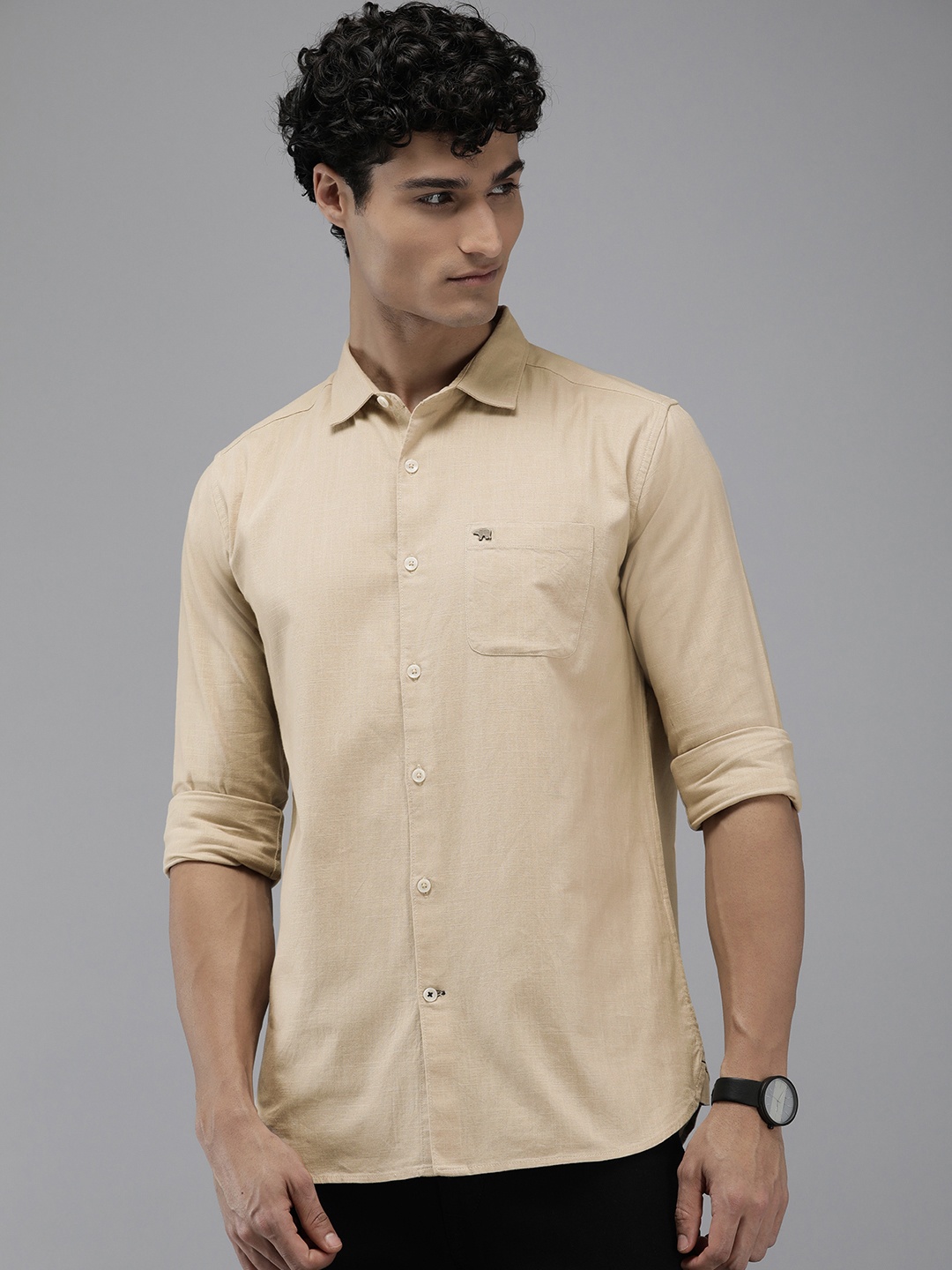 

THE BEAR HOUSE Cotton Linen Slim Fit Casual Shirt, Beige