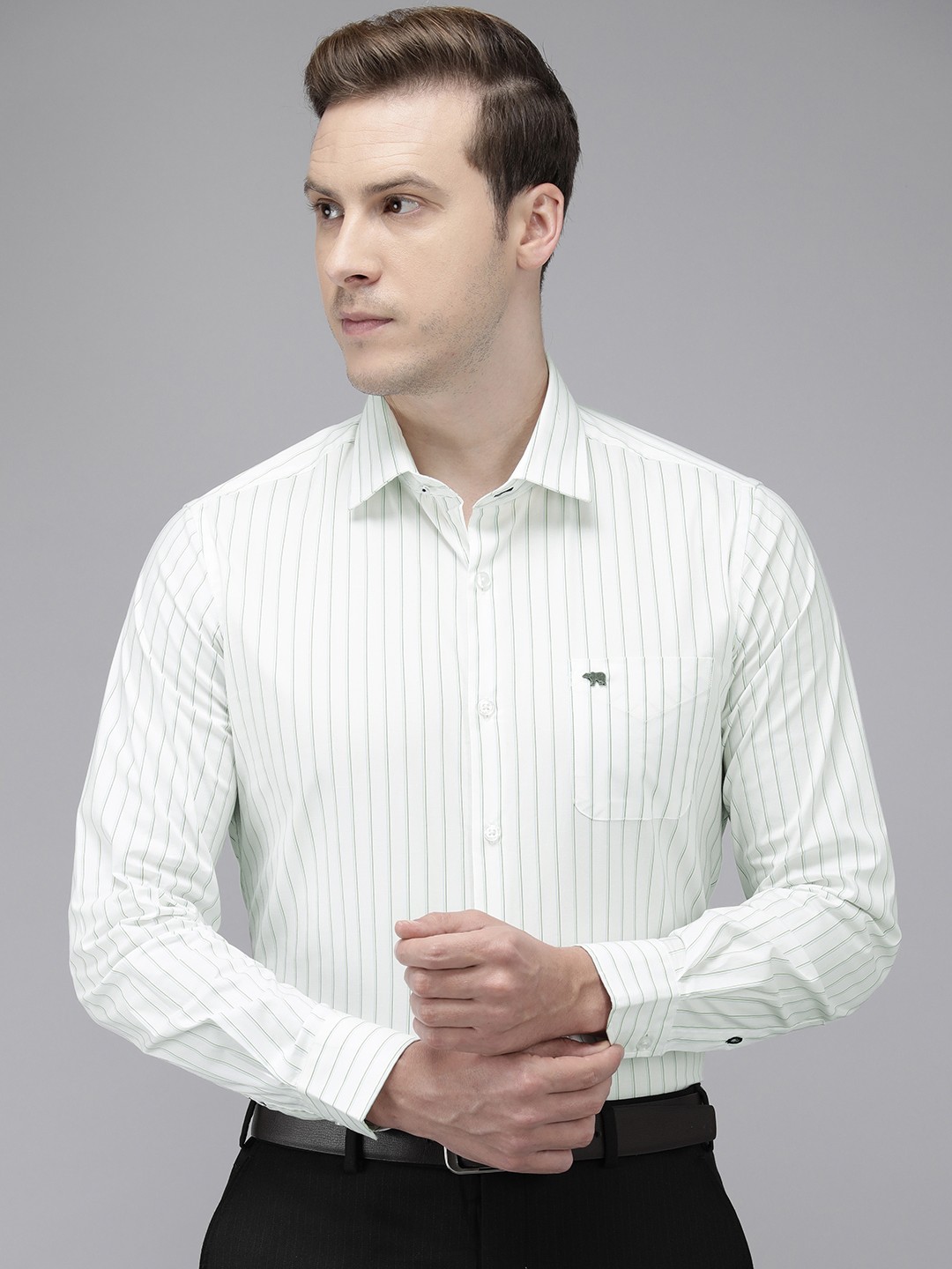 

THE BEAR HOUSE Slim Fit Pure Cotton Striped Formal Shirt, White