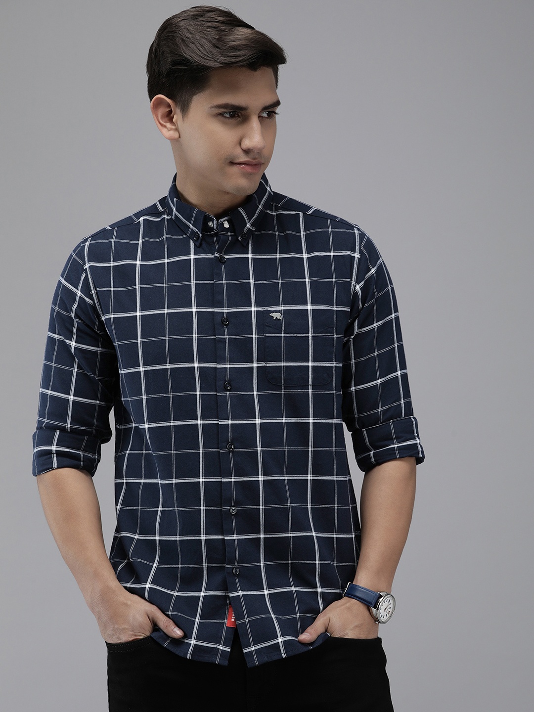 

THE BEAR HOUSE Windowpane Checked Pure Cotton Slim Fit Casual Shirt, Navy blue