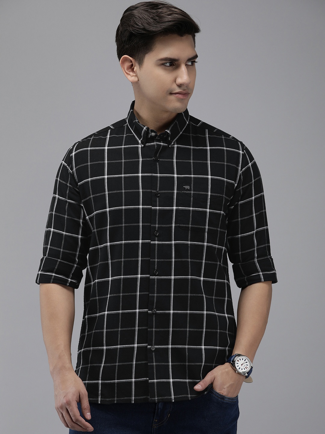

THE BEAR HOUSE Men Slim Fit Windowpane Checks Pure Cotton Casual Shirt, Black