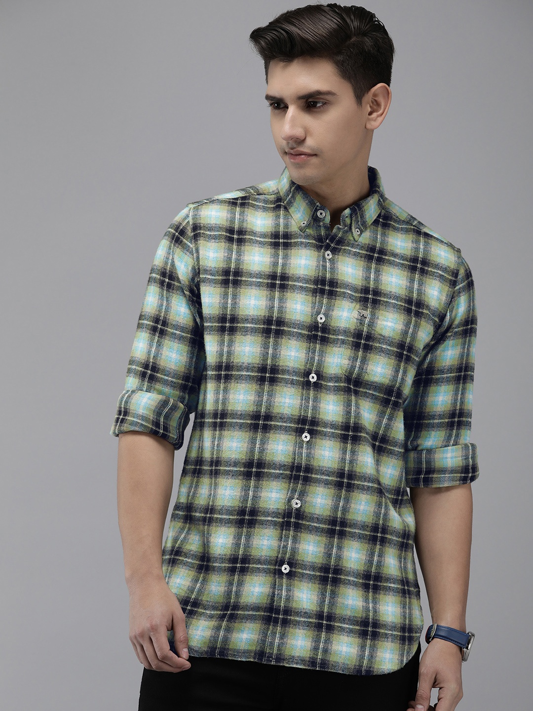 

THE BEAR HOUSE Checked Slim Fit Pure Cotton Casual Shirt, Green