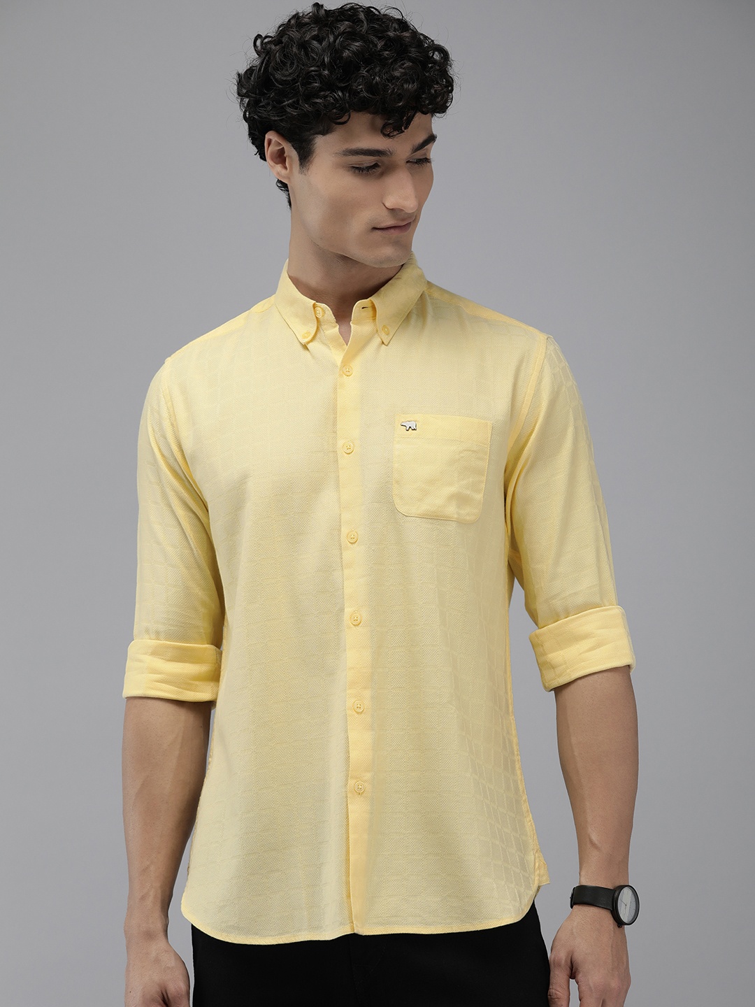 

THE BEAR HOUSE Self Design Slim Fit Casual Shirt, Yellow