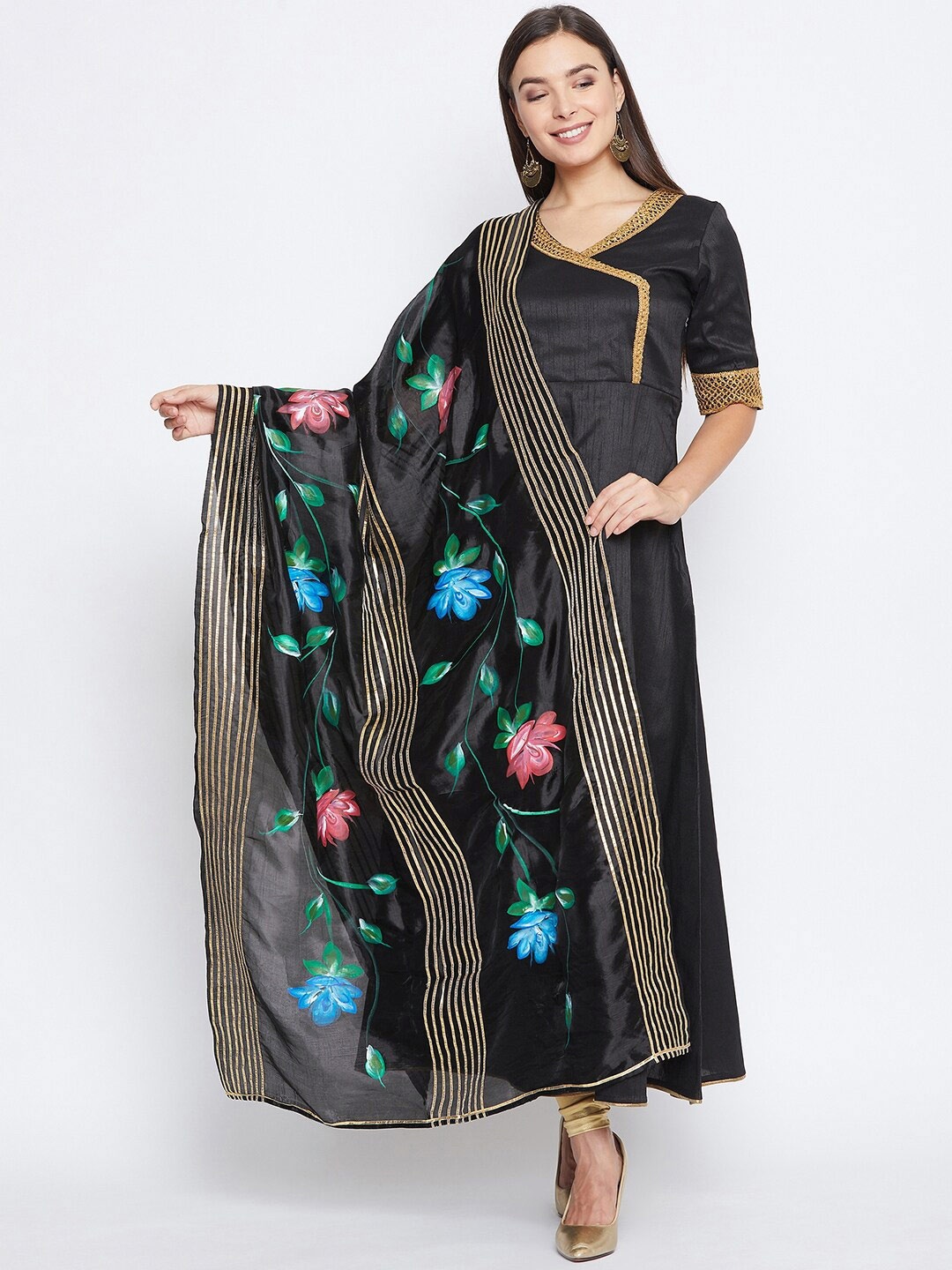 

studio rasa Floral Printed Organza Dupatta with Zari, Black