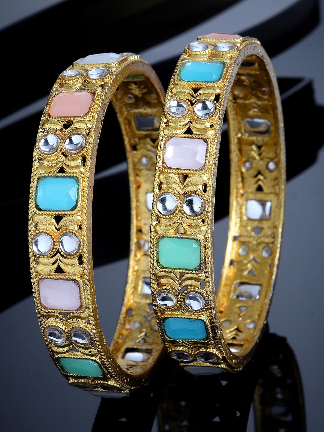 

KARATCART Set of 2 Gold-Plated Kundan Studded Alloy Bangles, Blue