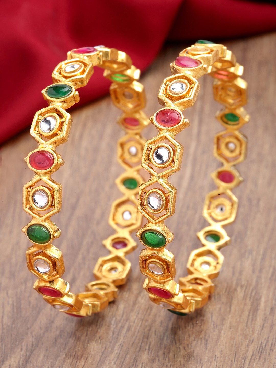 

KARATCART Set Of 2 Gold-Plated & Kundan Studded Bangles, Red