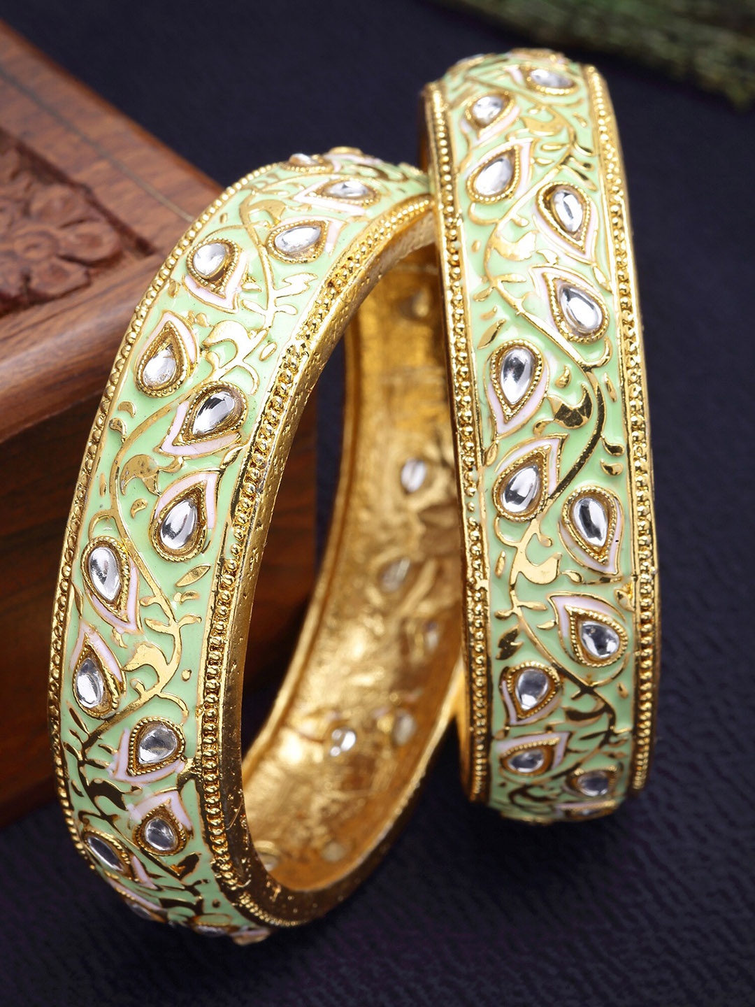 

KARATCART Set Of 2 Gold-Plated Kundan-Studded Antique Bangles, Lime green