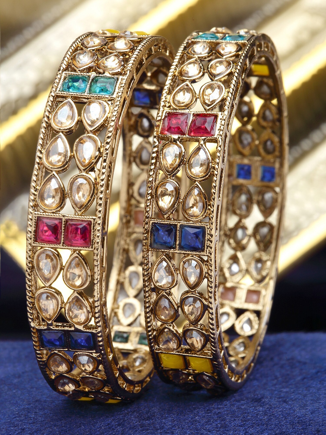 

KARATCART Set Of 2 Gold-Plated Kundan-Studded Antique Bangles, Blue