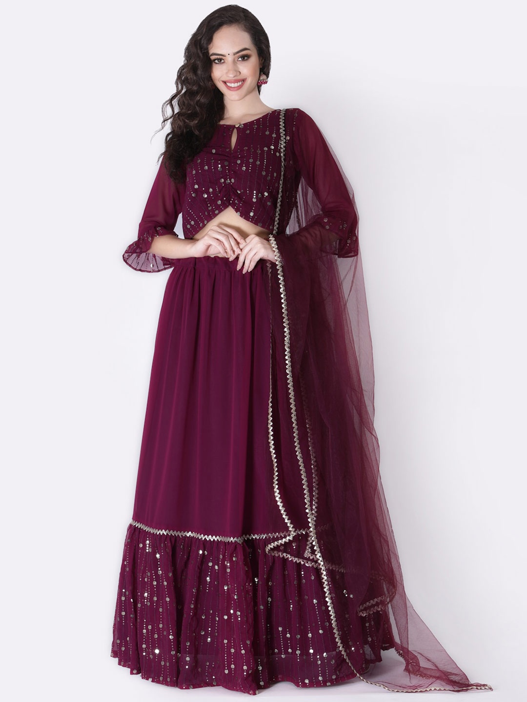 

studio rasa Embellished Sequinned Ready to Wear Lehenga & Blouse With Dupatta, Burgundy