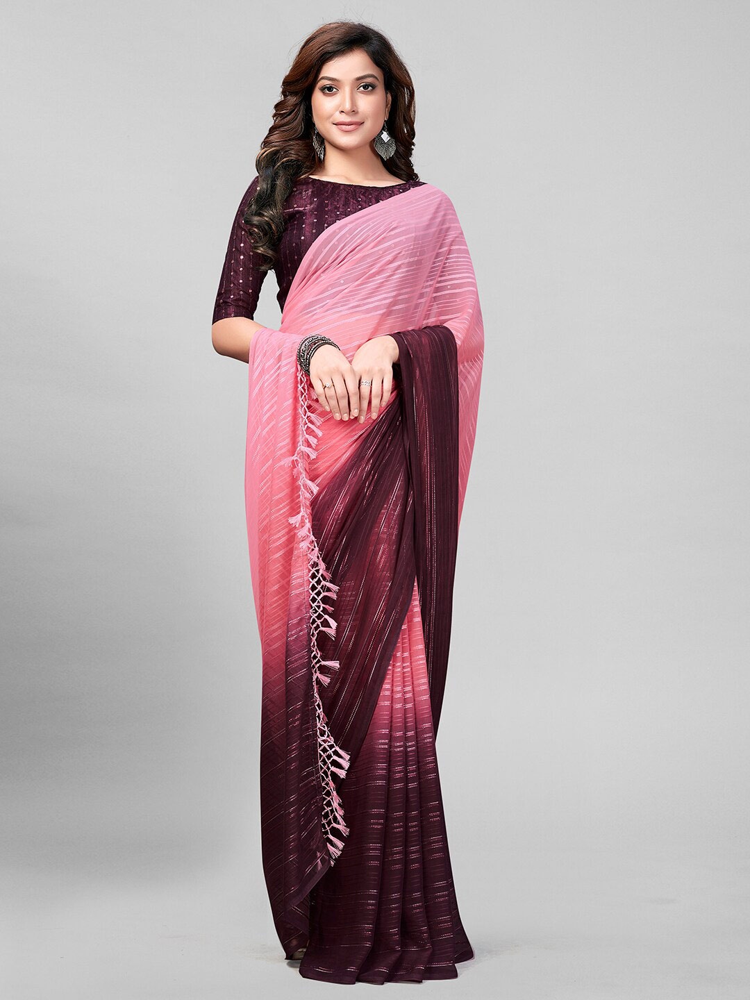 

Mitera Striped Embellished Art Silk Saree, Pink