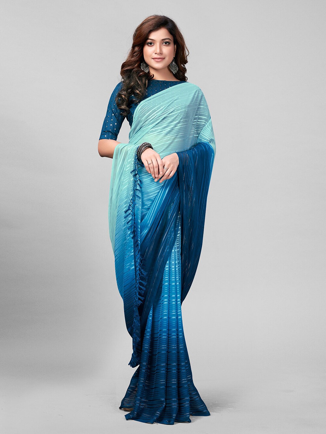 

Mitera Striped Embellished Art Silk Saree, Blue