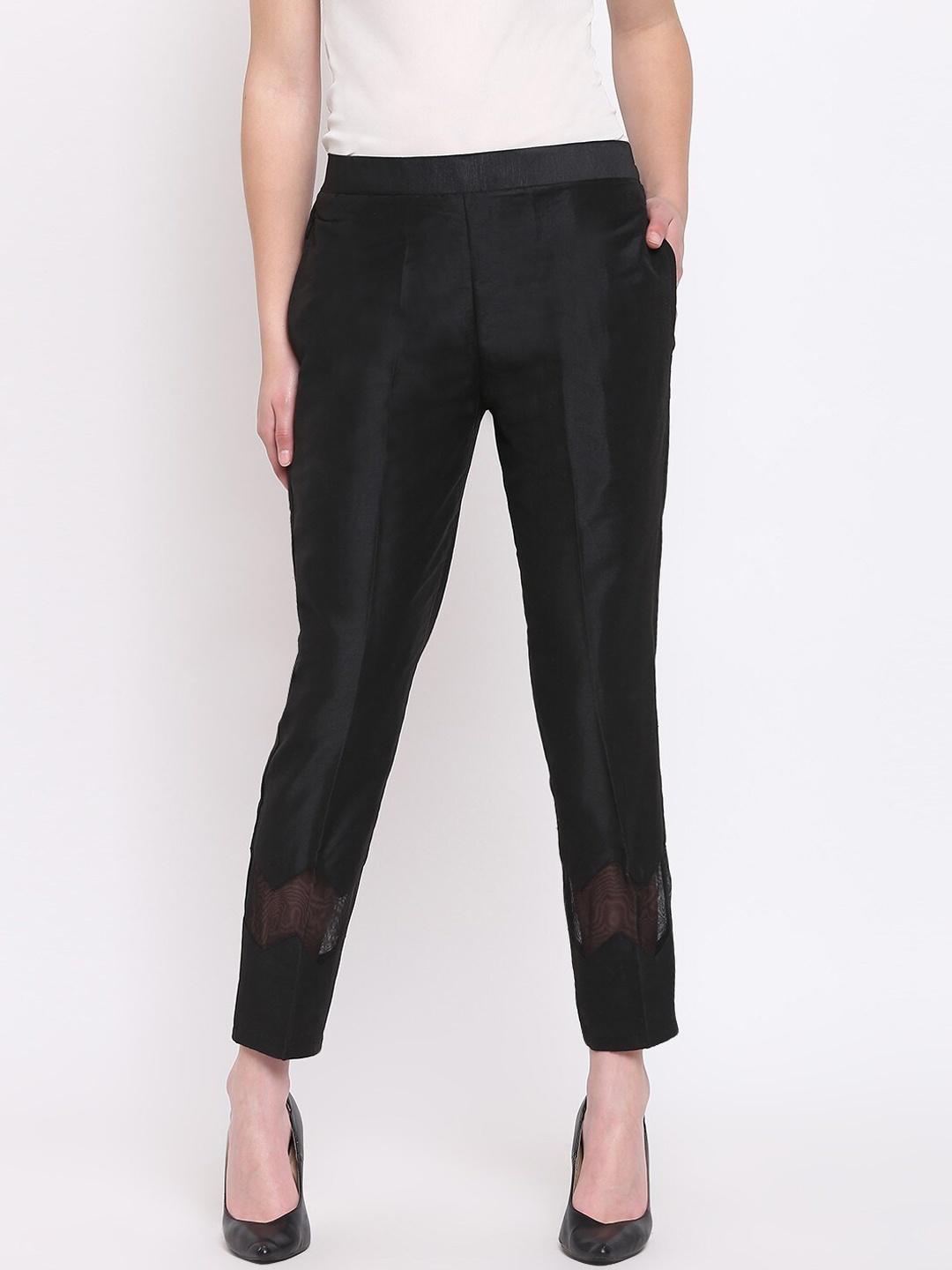 

RIVI Women Peg Leg Pure Cotton Trousers, Black