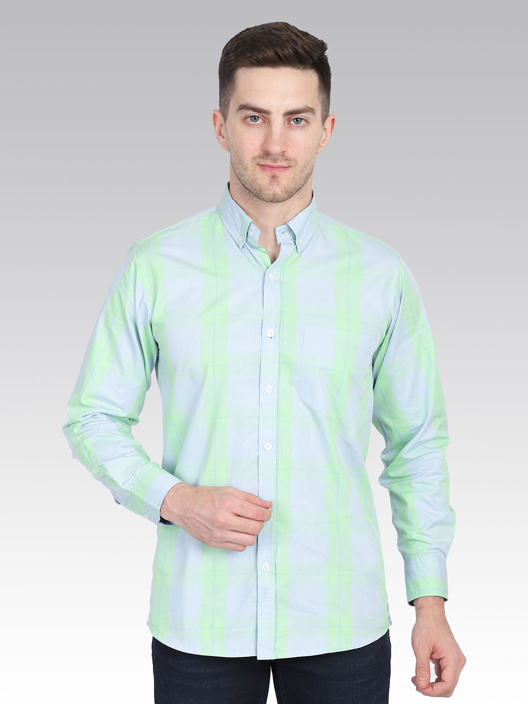 

TAHVO Men Slim Fit Gingham Checks Casual Cotton Shirt, Blue
