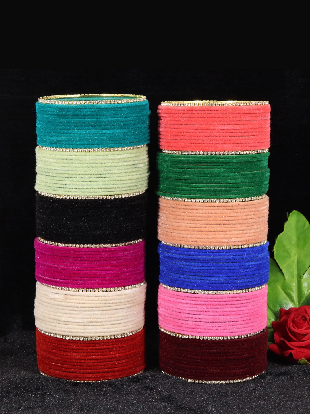 

NMII Set of 12 Coloured Velvet Bangles Set With 14 CZ Stone Studded Bangles, Multi