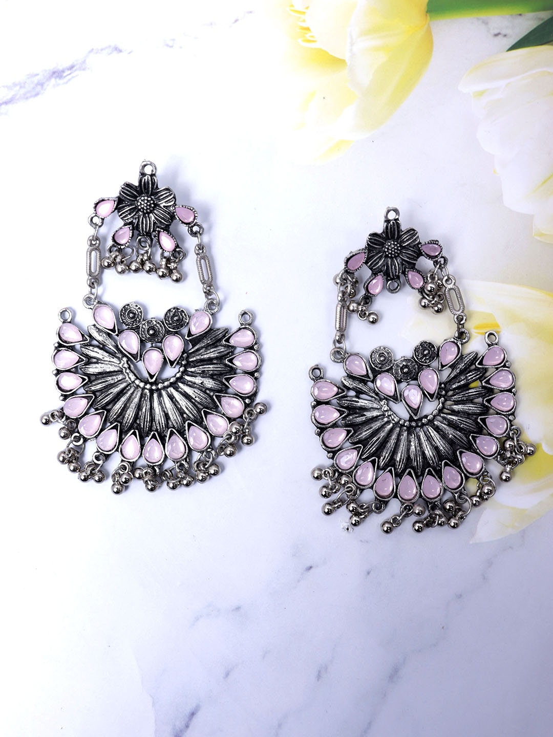 

VAGHBHATT Pink & Silver-Toned Contemporary Chandbalis Earrings