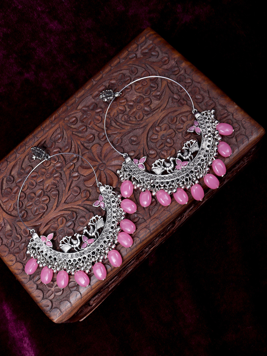 

VAGHBHATT Peacock Shaped Beaded Drop Earrings, Pink