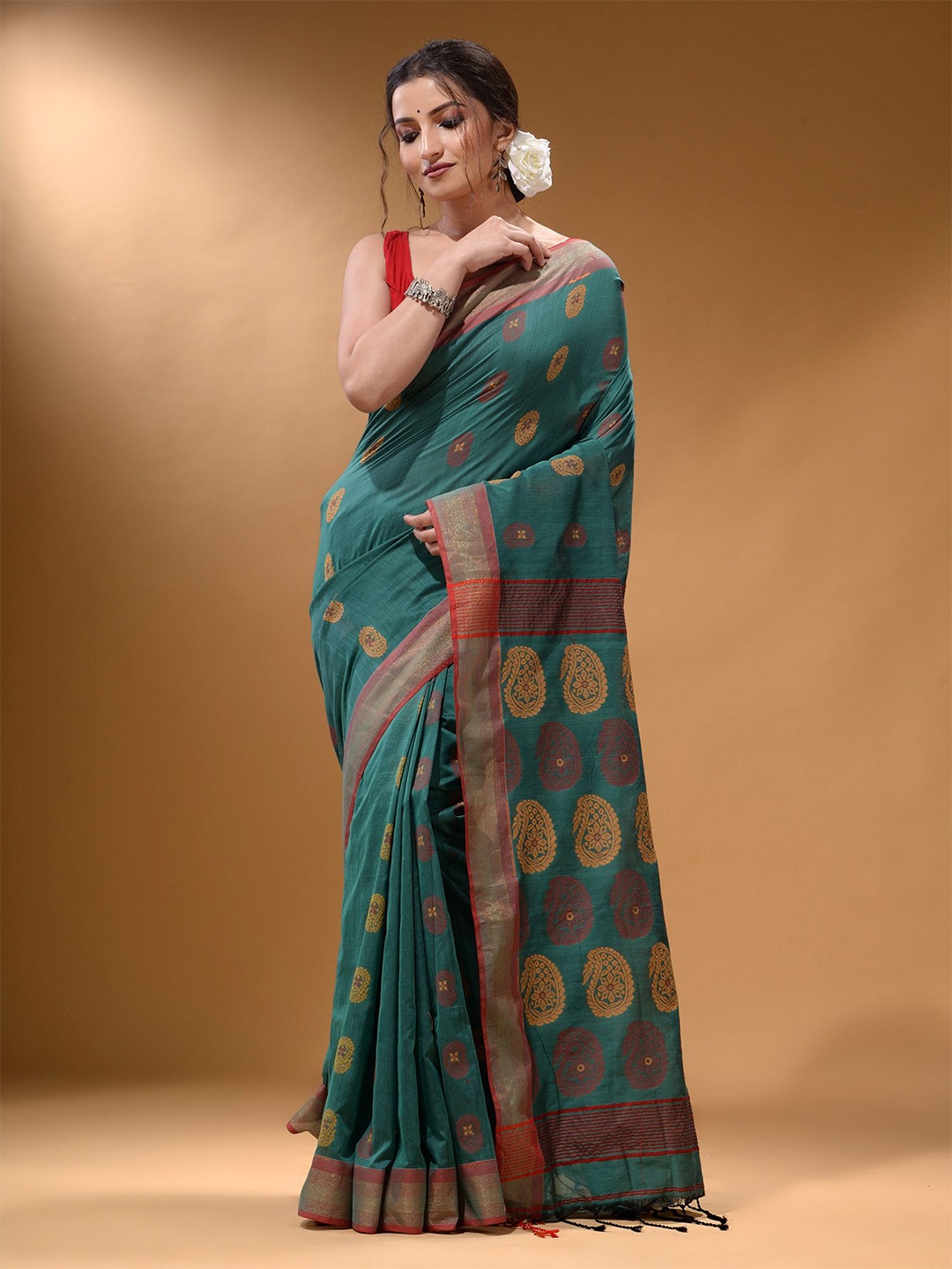 

Arhi Paisley Zari Silk Blend Saree, Teal