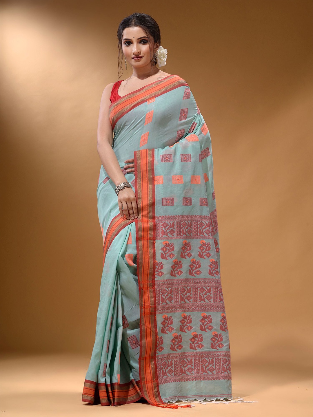 

Arhi Ethnic Motifs Zari Silk Blend Saree, Sea green