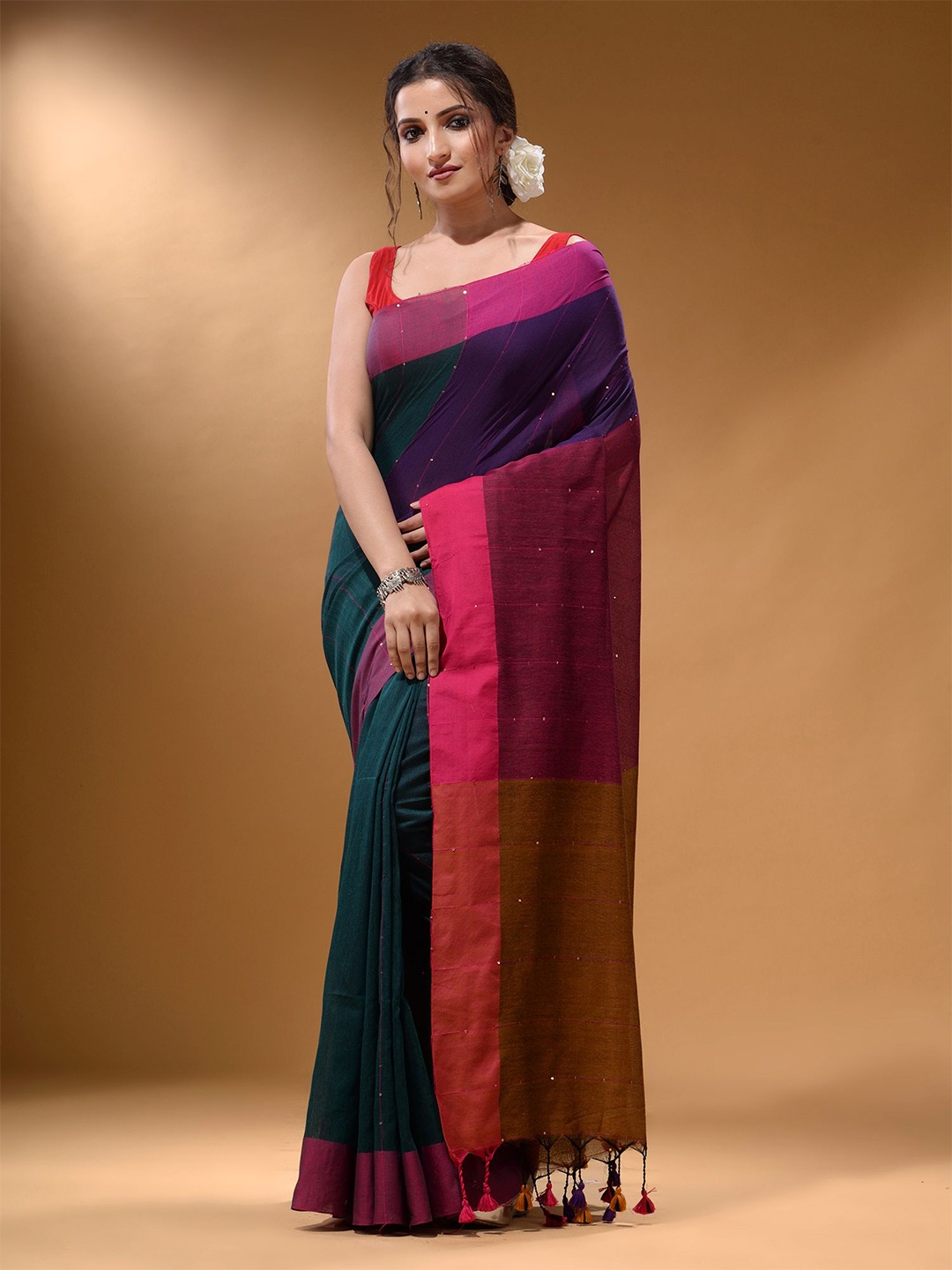 

Arhi Embellished Sequinned Pure Cotton Saree, Teal