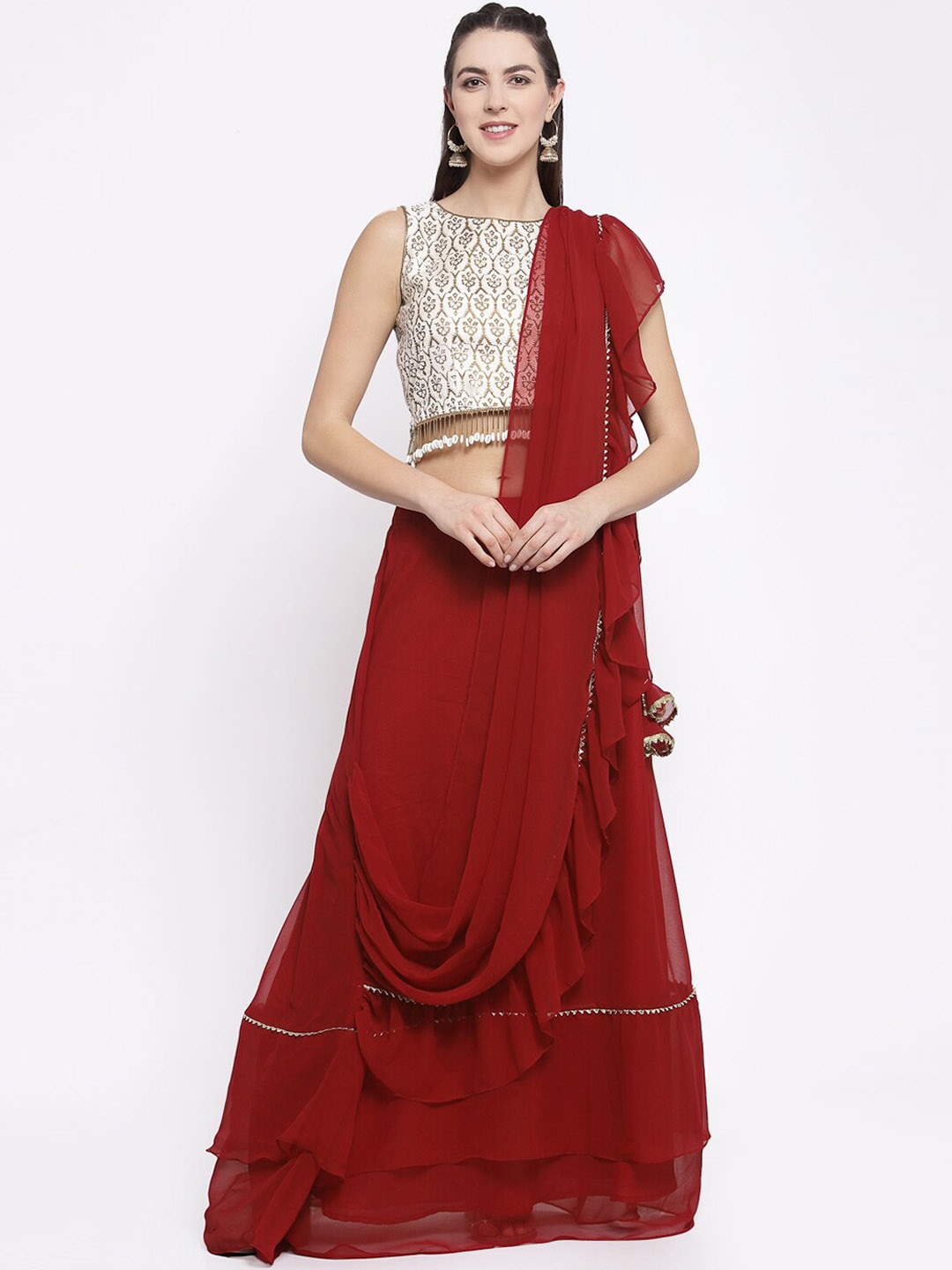 

studio rasa Embellished Ready to Wear Lehenga & Blouse With Dupatta, Maroon