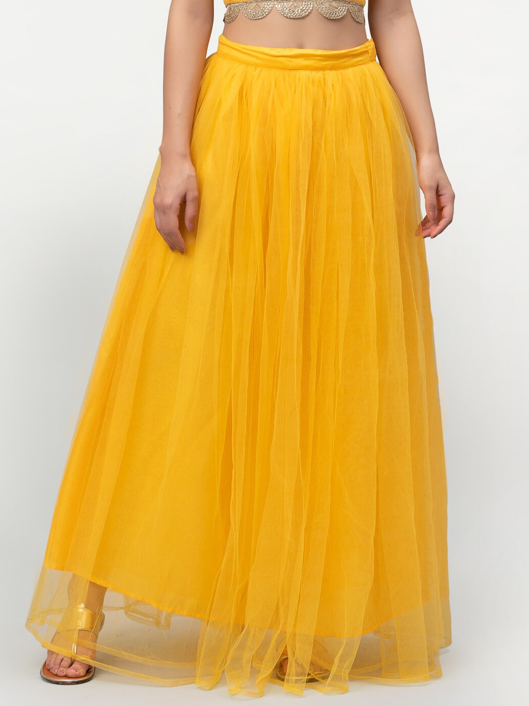 

studio rasa Women Net Gathered Flared Maxi Skirt, Yellow