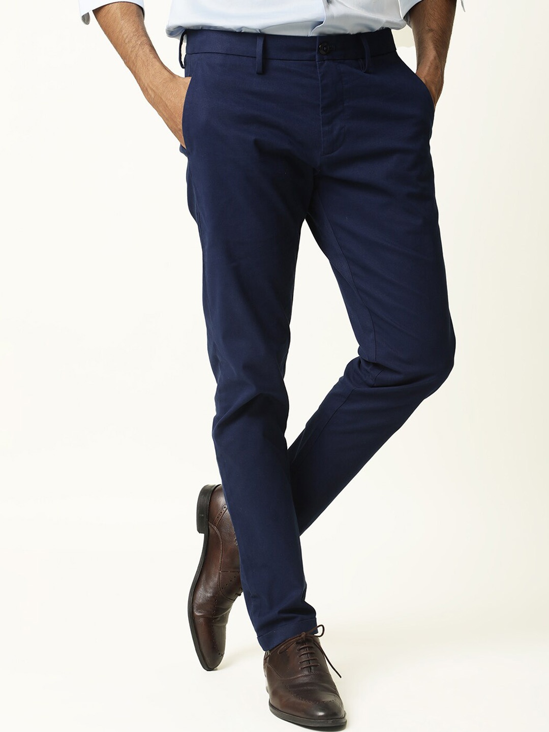 

RARE RABBIT Men Cotton Slim Fit Formal Trousers, Navy blue