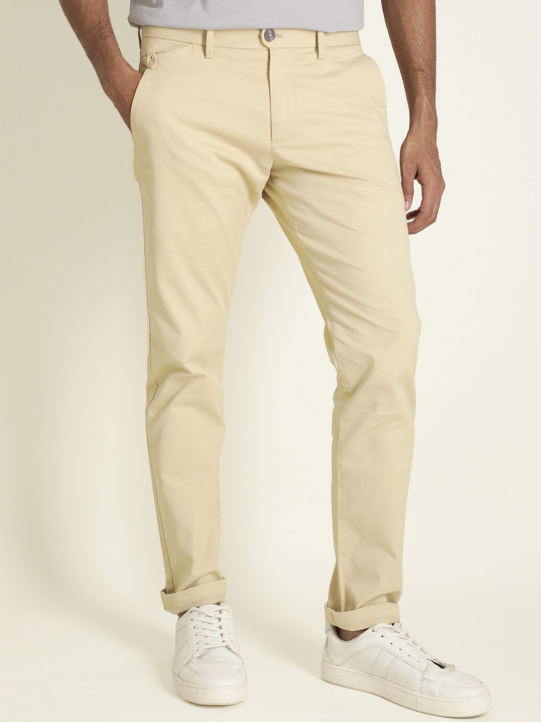 

RARE RABBIT Jacob Solid Cotton Slim Fit Mid-Rise Trouser, Beige